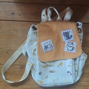 Japanese-Inspired Kawaii Backpack, Cartoon Cats, Faux Leather, Drawstring Flap